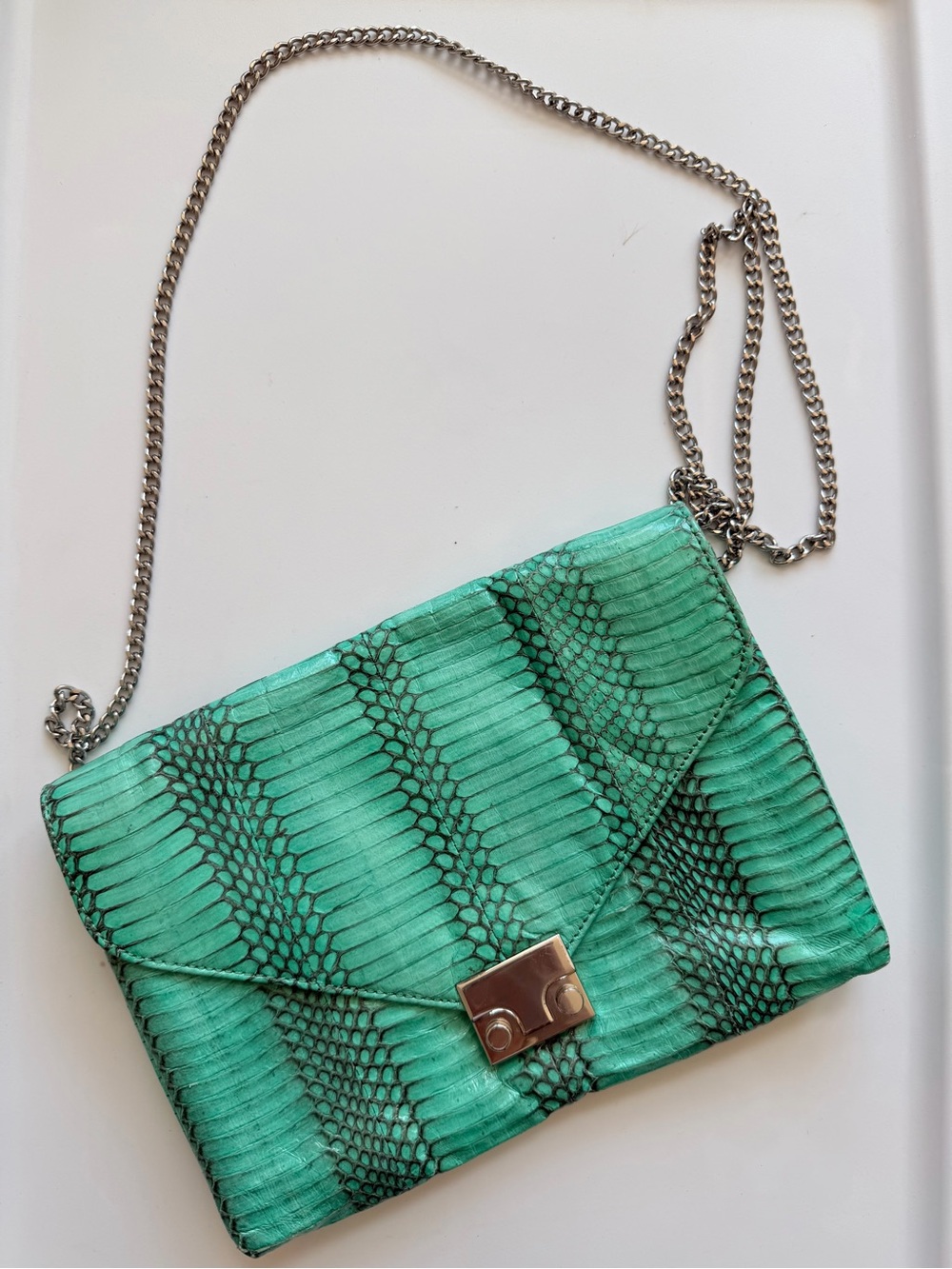Loeffler Randall Turqoise Teal Green Leather Croc Crossbody Bag with Chain Strap